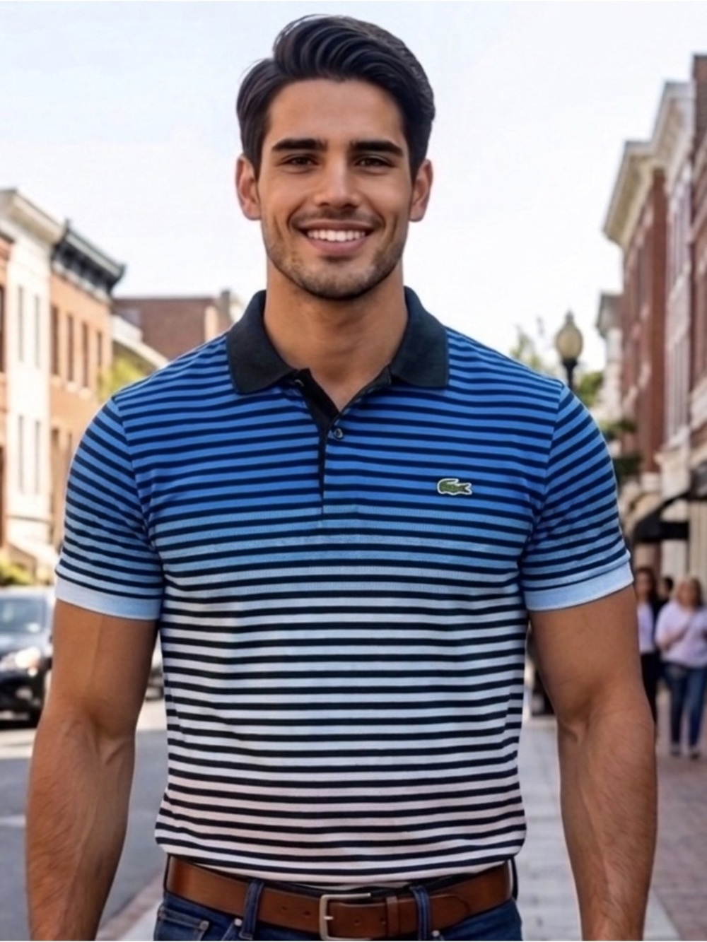 Lacoste Blue/white/pink Ombre Stripe Polo with Black Collar